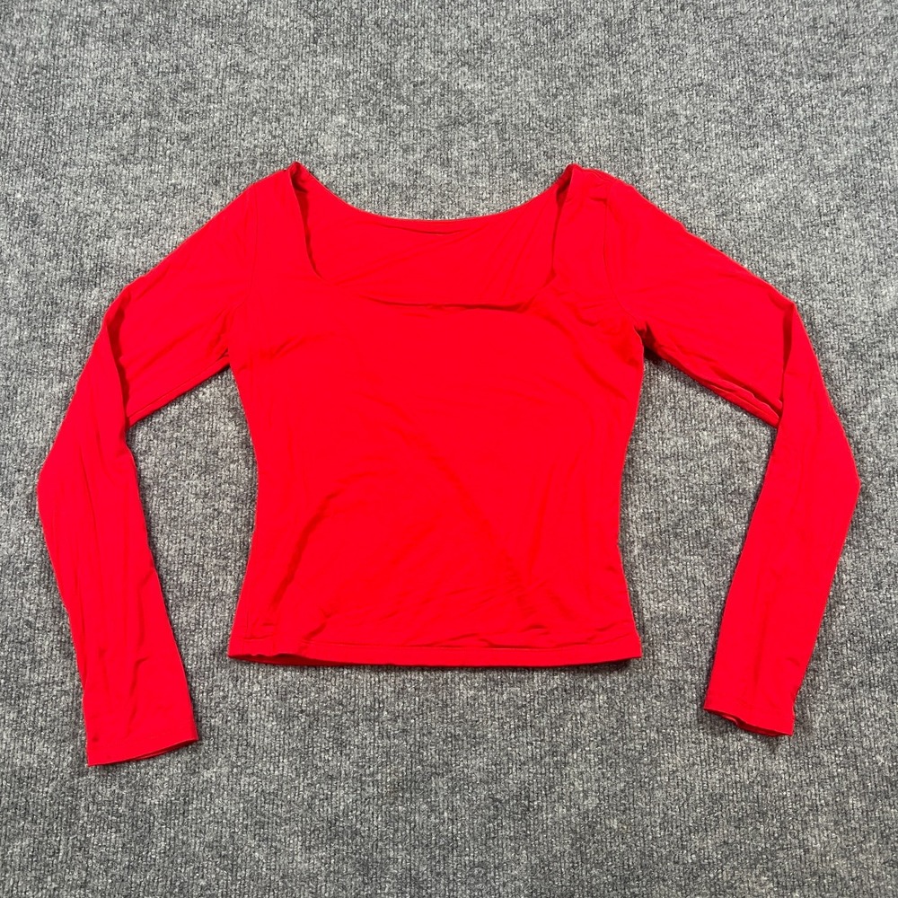 DWNVAL Crop Top Womens Medium Red Rayon Stretch Square Neck Long Sleeve Slim Fit